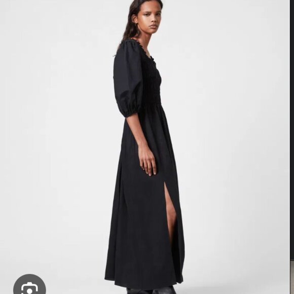 ALL SAINTS Livi Linen Black Smocked Puff Sleeve Dress Sz 6 - Picture 4 of 12